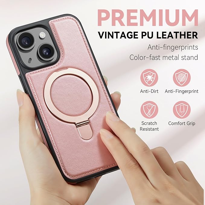 for iPhone 14 Case with Stand Compatible with Magsafe Slim Leather & Durable TPU Drop Proof Magnetic Kickstand Protective Phone Cover with Tempered Glass Screen Protector 6.1", Rose Gold
