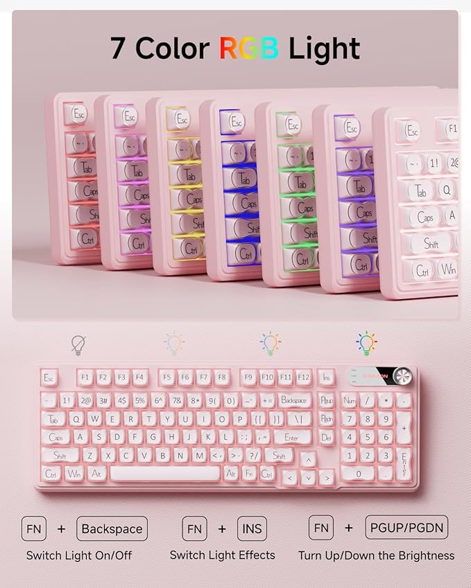 EWEADN V102 Wired Keyboard, 98 Keys Creamy Gaming Keyboard with Number Pad, Display Screen & Media Knob RGB Silent Wired Cute Computer Keyboard for Laptop PC Gamer - Pink