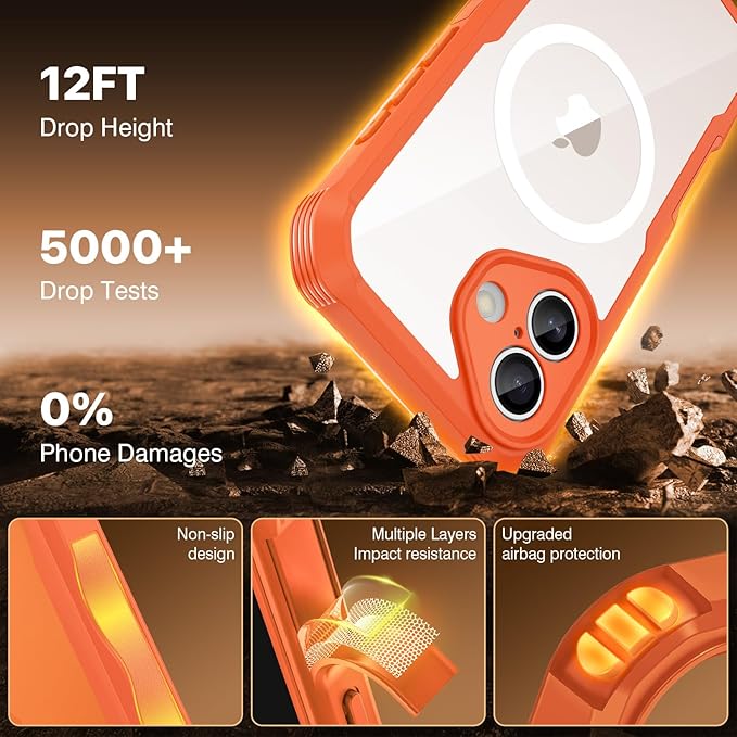 CENHUFO Magnetic Privacy for iPhone 17 Case [Compatible with Magsafe] Full Body Phone Case Built-in 9H Tempered Glass Privacy Screen Protector Camera Protection Shockproof Bumper Clear Cover -Orange