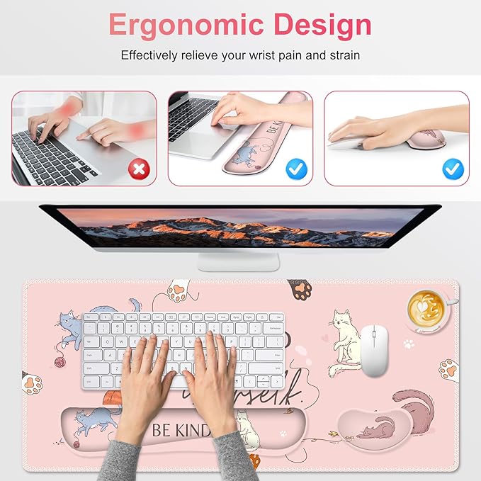 Large Gaming Mouse Pad Set, Pink Cats Ergonomics Keyboard Desk Mat with Memory Foam Wrist Rest, Extended Game Mousepad, Non-Slip Desk Pad Matt Easy Typing Pain Relief I Be Kind to Yourself