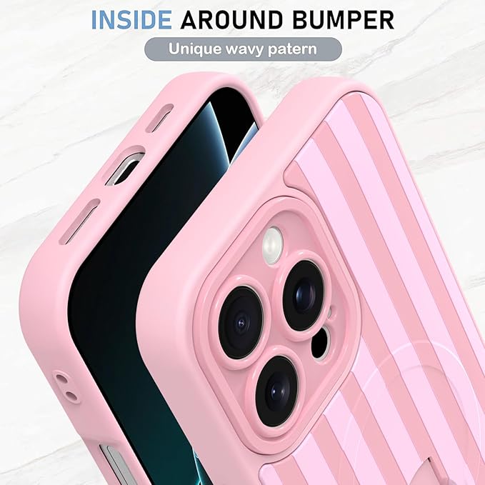 KANGHAR Compatible with iPhone 16 Pro Max Case, Support for MagSafe, Silicone Stripes Cute Pattern, Wristband Kickstand Camera Protection Soft Slim Cover for Girls Women -Pink