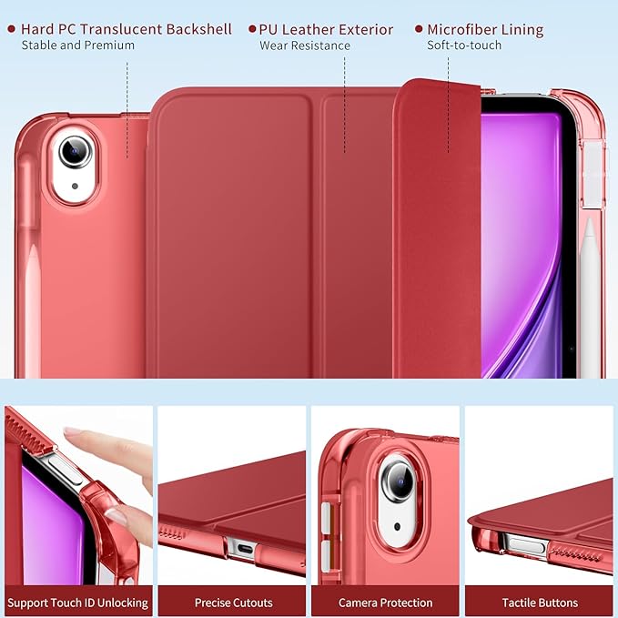 MoKo for iPad Air 11 inch Case (M4/M3/M2) 2026/2025/2024, iPad Air 5th/4th Gen 10.9 inch Case 2022/2020 with Pencil Holder, Slim Light Trifold Cover with Hard PC Translucent Back Shell, Wine Red