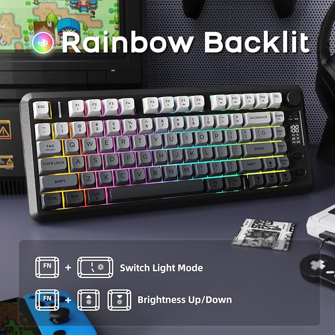 FREEWOLF M75 Wireless Mechanical Feel Gaming Keyboard Bluetooth/2.4Ghz Membrane with Knob & OLED Display Rainbow Backlit Gradient PBT Keycaps 2000mAH Battery Anti-Ghosting-Moonnight