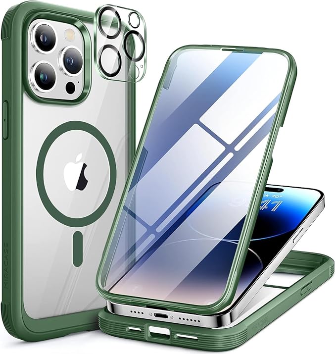 Miracase Magnetic for iPhone 14 Pro Max Case 6.7 inch, (Compatible with MagSafe) Upgrade Full-Body Clear Phone Bumper Case with Built-in 9H Tempered Glass Screen Protector, Magnetic Acacia Green