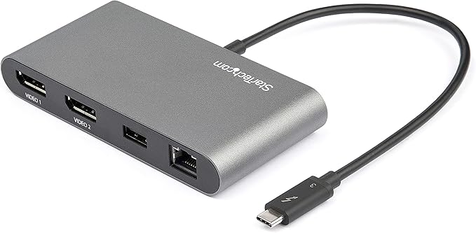 StarTech.com Dual-Monitor Thunderbolt Mini Dock, 4K 60Hz DisplayPort, Driverless Hub for Windows & Mac, Gigabit Ethernet, 1x USB-A (USB 5Gbps), 11in (28cm) Cable, Black & Silver