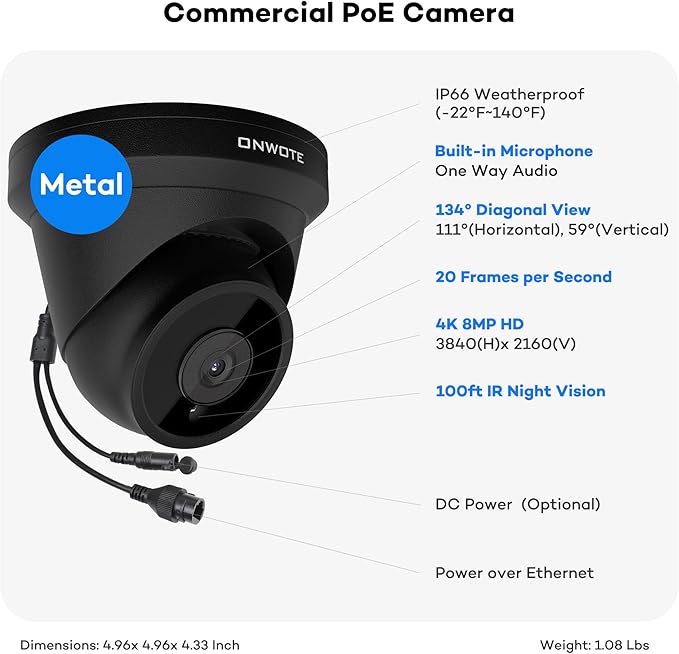 ONWOTE 4K 8MP PoE IP Security Camera, AI Human Vehicle Detection, 3840x2160 8 Megapixels, 134° FoV, Video Audio, Indoor Outdoor, Commercial Wired Camera for Business (Black)