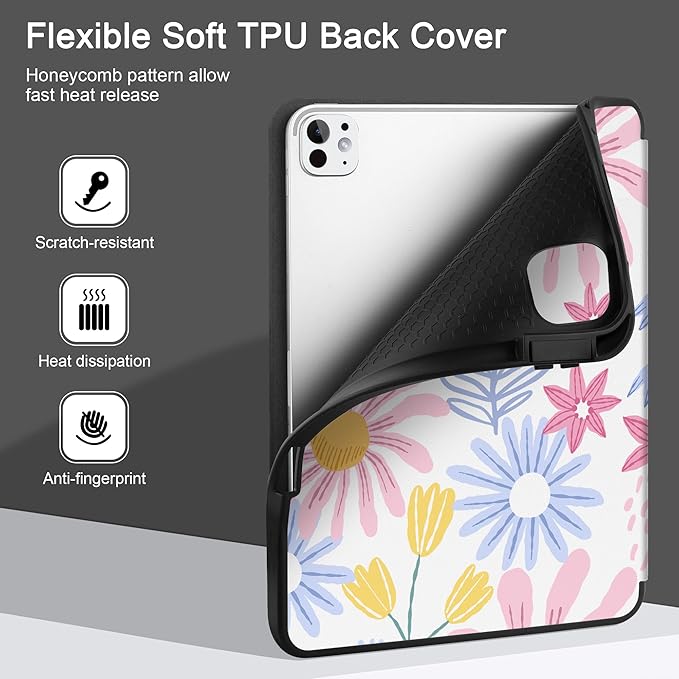 DONGKE Case for iPad Pro 11 inch (M5 2025 / M4 2024, 6th & 5th Generation) – [Built-in Pencil Holder] Ultra Slim PU Leather Trifold Stand Cover with Soft TPU Back, Auto Wake/Sleep, Colorful Florals