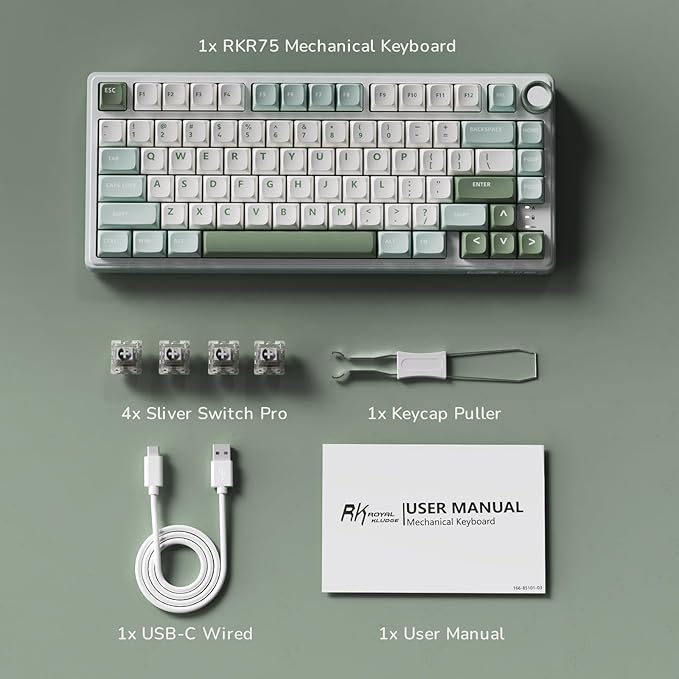 RK ROYAL KLUDGE R75 Mechanical Keyboard Wired with Volume Knob, 75% Keyboard Gasket Mounted, Hot Swappable, Creamy Sound, MDA Profile, PBT Keycaps