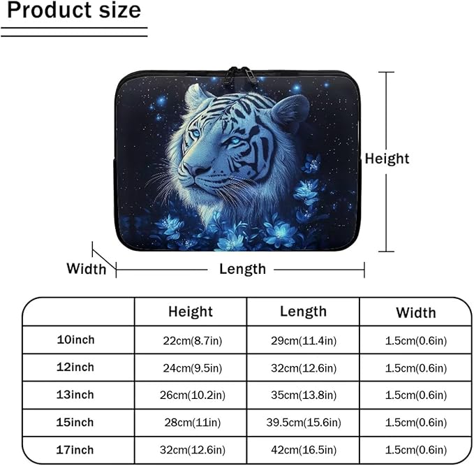 Tiger Laptop Protective Sleeve for Women 17inch Lap Top Case Portable Computer Sleeve Slim Laptop Protector Flower Zippered Pouches for Travel Office Business Laptop Carrying Case Black