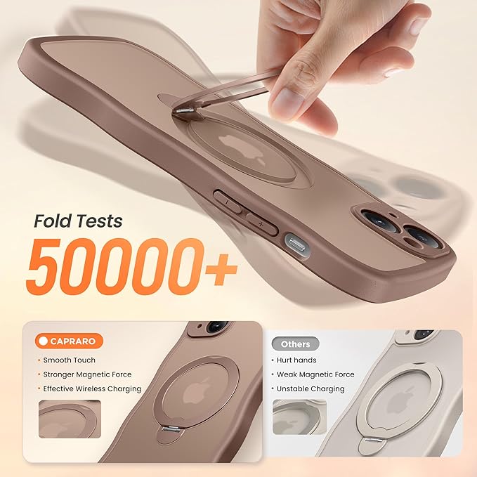CAPRARO for iPhone 15 Case with 360° Spin Magnetic Stand for Women, [Compatible with MagSafe] [Full Camera Protection] Cute Wave Translucent Matte Case for iPhone 15, Brown