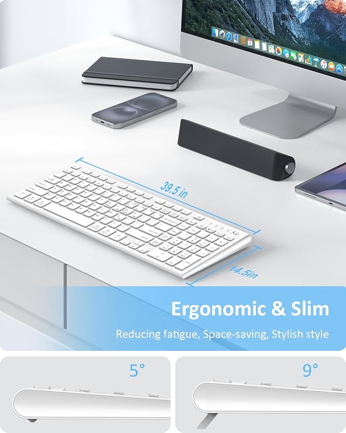 FENIFOX Wireless Keyboard, Bluetooth & 2.4G USB & USB-C Rechargeable Silent Ultra Quiet Low Profile Compact Full Size with Number Pad Soft Multi Device for Mac MacBook Windows PC - White