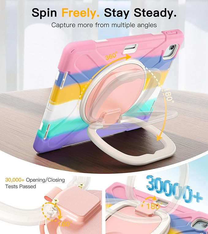 BRAECN for iPad Air 13 Inch Case M4 2026/M3 2025/M2 2024 & iPad Pro 12.9 Case (6th/5th4th/3rd Gen), Heavy Duty Silicone Cover with 360° Swivel Kickstand, Shoulder Strap, Pencil Holder, Colorful Pink