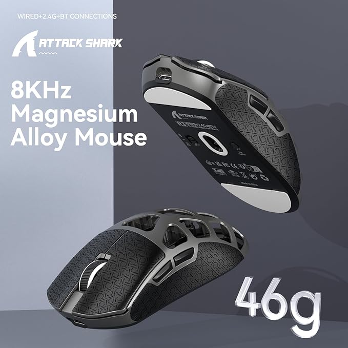 ATTACK SHARK R3 Wireless Gaming Mouse, 46g Superlight Magnesium Alloy Triple-Mode Computer Mouse, 8000Hz Polling Rate, PAW3395 26K DPI Sensor Programmable Mice with Griptape for PC/Win/Mac (Grey)