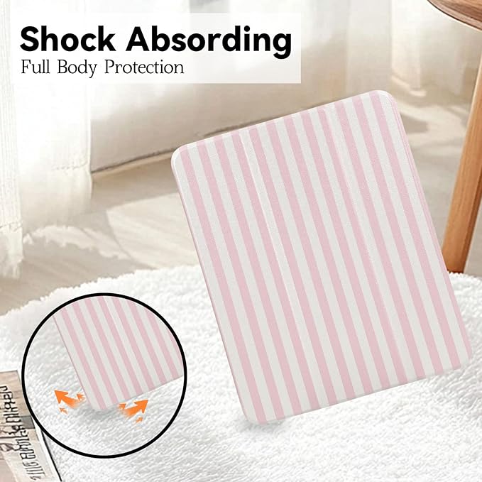 Lovmooful Compatible for iPad Pro 11-Inch,2022/2021/2020/2018 Model(4th/3rd/2nd/1st Generation) Case with Pencil Holder Cute Striped with Aesthetic Design Soft TPU Trifold Stand Protective-Pink&White