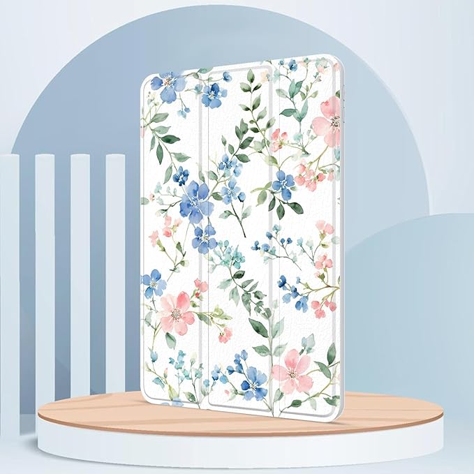 Case for iPad 9th / 8th / 7th Generation (2021/2020/2019) 10.2 inch, Case with Pencil Holder, Stand Clear Back Cover Cute Cool Design for Women Girls, Auto Sleep/Wake, Blue Pink Flower