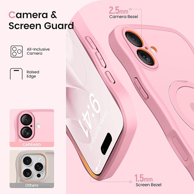 CAPRARO for iPhone 16 Plus Case with 360° Spin Magnetic Stand for Women, [Compatible with MagSafe] [Full Camera Protection] Cute Wave Translucent Matte Case for iPhone 16 Plus, Peach Pink
