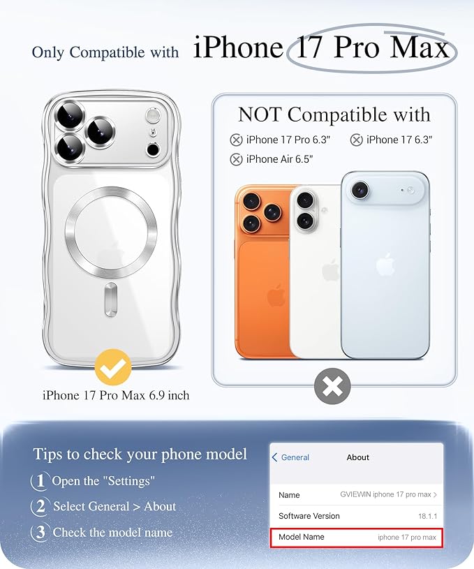 GVIEWIN for iPhone 17 Pro Max Case Compatible with MagSafe, Upgraded [Full Camera Protection][Cute Wave Frame][Military Grade Protection] Electroplated Hard Phone Cover for Women Girl, Clear/Silver