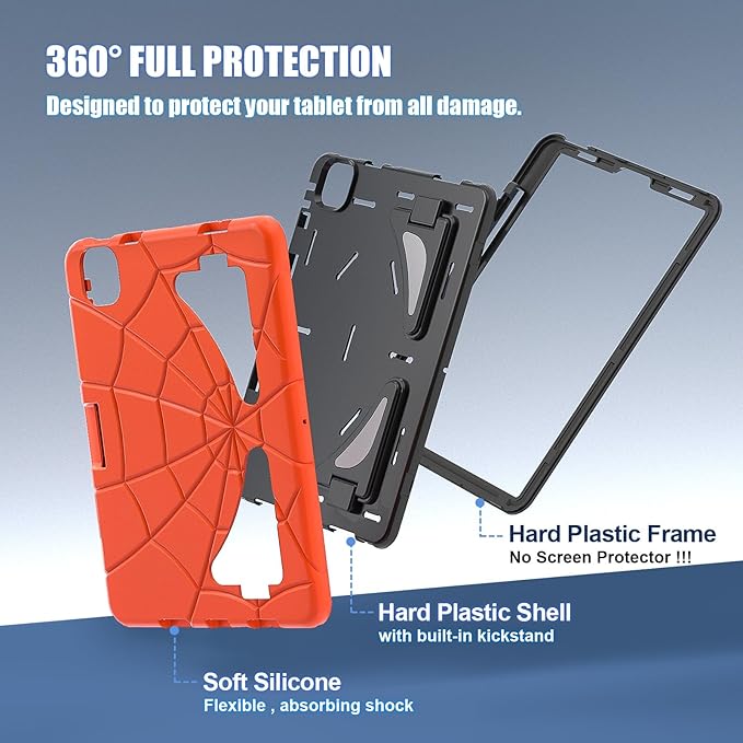 AKABEILA Compatible with Apple iPad Pro 11 inch(2018)/Apple Air 4 10.9(2020)/Air 5 10.9(2022)/Air 6 M2 (2024)/Air 7 M3 (2025) Tablet Case，Cover with Kickstand for KidsBoys Babies Orange Black
