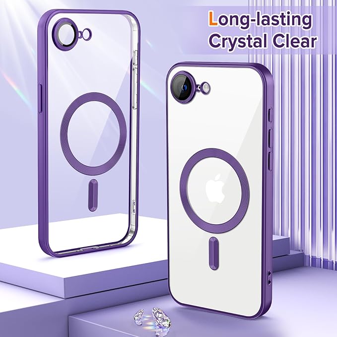 Hython Magnetic Clear for iPhone 16e Case with Camera Lens Protector [Compatible with MagSafe] Luxury Plating Edge Slim Soft TPU Cover Protective Phone Case for iPhone 16e 6.1", Matte Purple