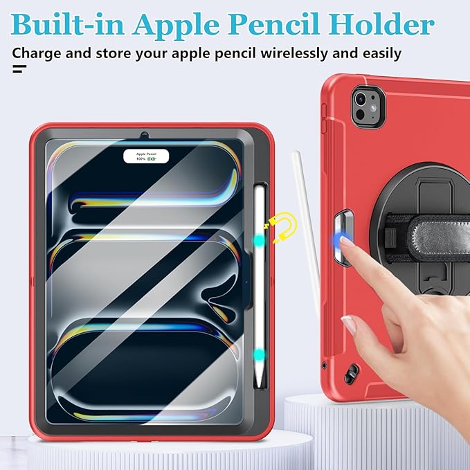 Case for iPad Pro 11 M5 2025/ M4 2024: Protective Cover for iPad Pro 11 Inch 5th Generation with Screen Protector- Stand- Handle- Shoulder Strap- Pencil Holder-Red