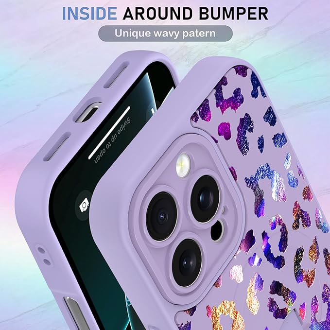 KANGHAR Compatible with iPhone 16 Pro Case, Support for MagSafe, Silicone Cute Iridescent Leopard Cheetah Pattern, Wristband Kickstand Shockproof Protective Slim Cover for Women Girls, Purple