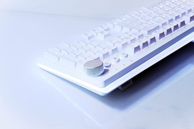 i-rocks K71M RGB Mechanical Gaming Keyboard with Media Control Knob, Blue Switches, 107 Keys w/Full NKRO, PBT Keycaps, Multimedia Hotkeys, Detachable USB-C Cable and Onboard Storage, White