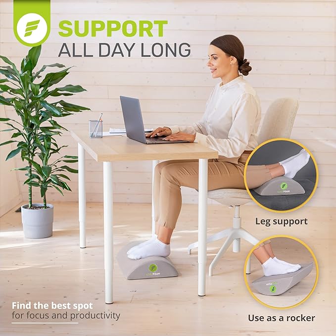 ErgoFoam Ergonomic Under Desk Foot Rest - Premium Velvet Soft Foam Footrest - Most Comfortable for Lumbar, Back, Knee Pain - Rocker (Grey)