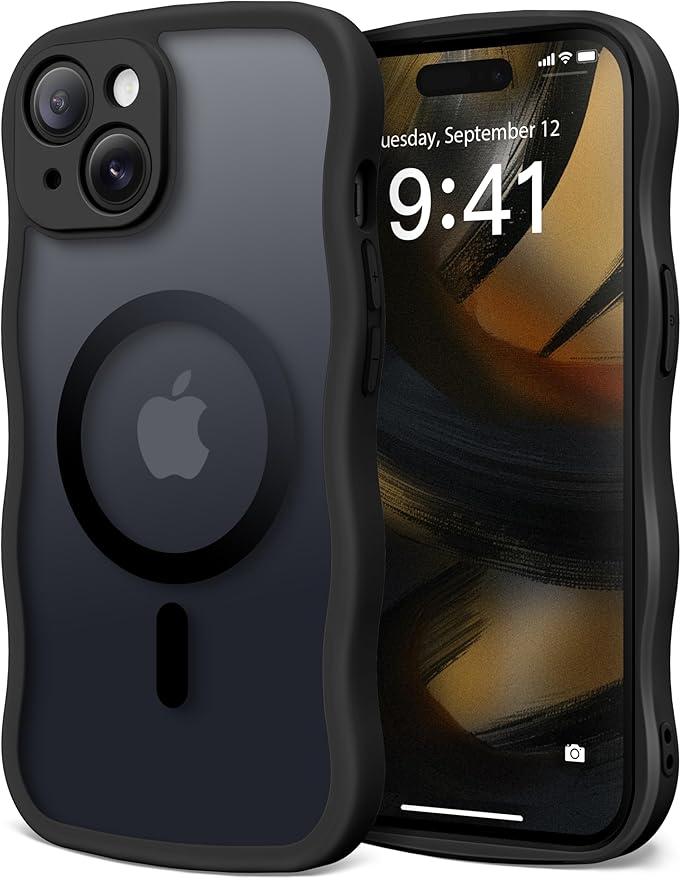 CAPRARO Cute for iPhone 15 Plus Case, Compatible with MagSafe, [Curly Wave Edge] [Full Camera Protection] [14 FT Drop Protection] Magnetic Phone Case for 15 Plus 6.7 Inch, Black
