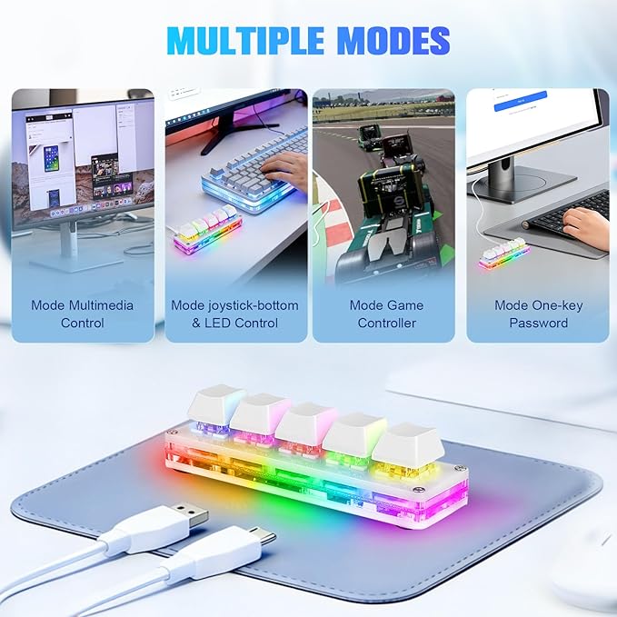 aikeec 5 Keys Mini Macro Mechanical Keyboard White Programmable Gaming Keypad Hot Swap USB Wired for Windows Mac OSU Cherry MX Switches & RGB LED