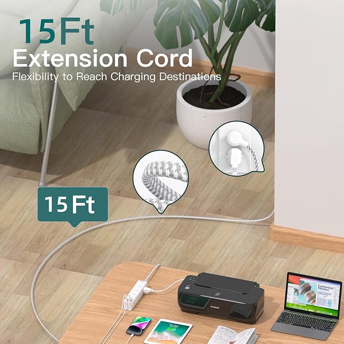Surge Protector Power Strip - 15 FT Extension Cord, Power Strip with 12 Widely AC Outlet 4 USB, Flat Plug Wall Mount Overload Protection, 1050J, Desk Charging Station for Home Office, ETL Listed,White