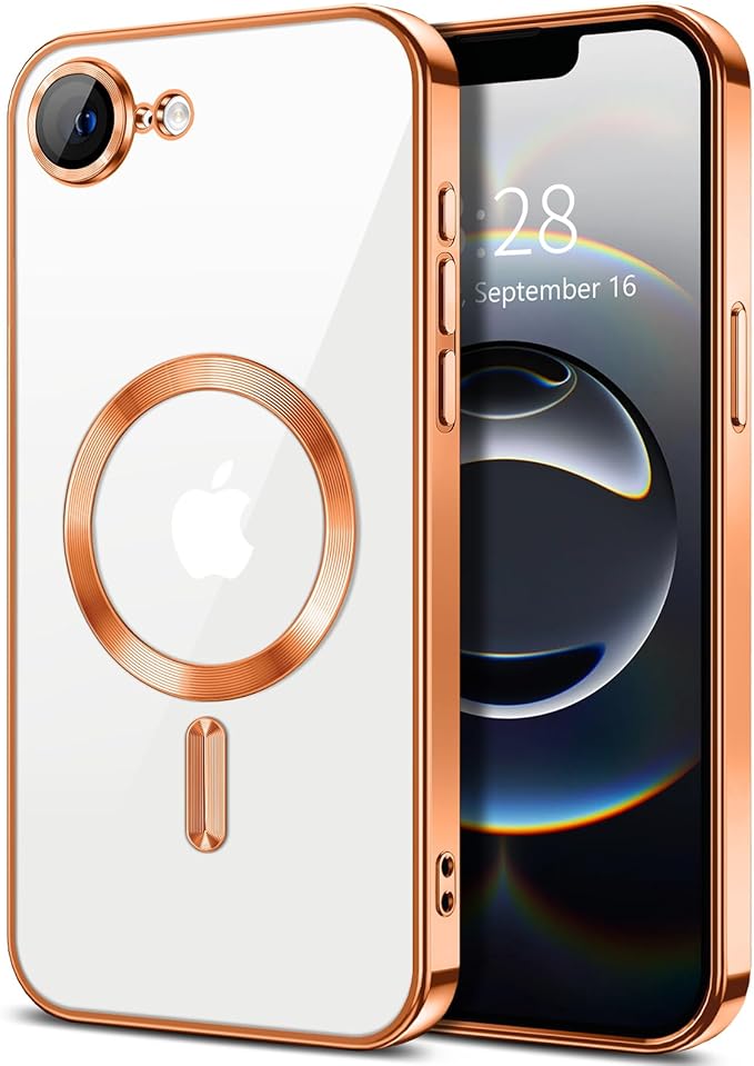 Hython Magnetic Clear for iPhone 16e Case with Camera Lens Protector [Compatible with MagSafe] Luxury Plating Edge Slim Soft TPU Cover Protective Phone Case for iPhone 16e 6.1", Orange