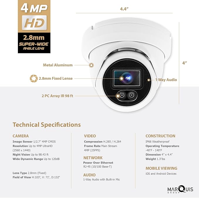 Marquis 4MP PoE IP Turret Dome Camera with Microphone/Audio, IP Security Camera Outdoor Rated, Waterproof IP66, 108° Wide Angle 2.8mm Lens (Regular IR)