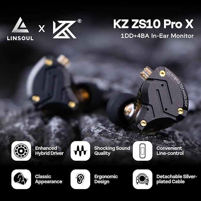 Linsoul KZ ZS10 PRO X Upgraded 1DD+4BA Hybrid Driver HiFi in Ear Earphones IEM with Alloy Faceplate, Detachable Silver-Plated Recessed 2Pin Cable for Audiophile Musician DJ Stage(with Mic)