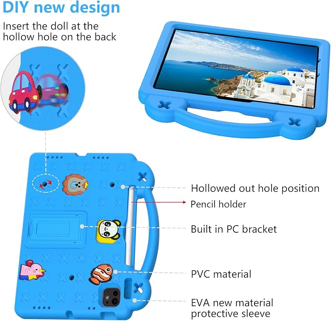 for Apple iPad Air 11 inch Kids Case M3/M2 (2025/2024) Slim Stand Cover with Pencil Holder/Handle/Kickstand Cute DIY Lightweight Cute Soft EVA Foam Shockproof Tablet Cover, Sky Blue Bear