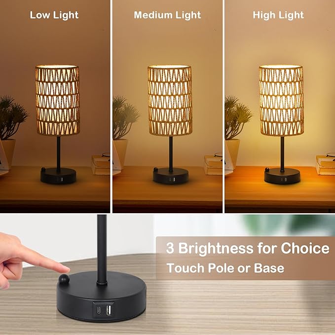 Touch Table Lamp Set of 2 For Bedroom with Bulb, Boho Small Desk Lamp For Living Room With Rattan & Linen Shade, 3 Way Dimmable Bedside Table Lamp For Nightstand With USB Charging Port & Phone Stand