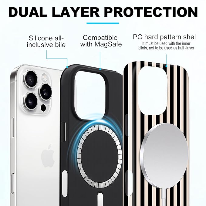 Magnetic for iPhone 15 Case Cute Stripes Phone Case, Shockproof Slim TPU and Hard PC Protective Phone Cover Compatible with MagSafe Designed for Women Girls, Black and White
