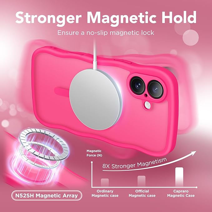 CAPRARO for iPhone 16 Plus Case for Women Girls, Upgraded [Full Camera Protection] [Compatible with MagSafe] Cute Wave Translucent Matte Phone Case for iPhone 16 Plus, Hot Pink