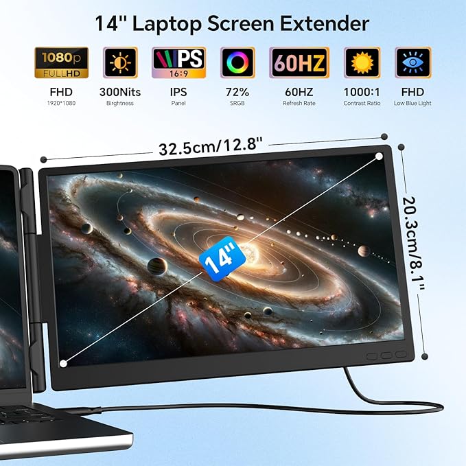 14” Laptop Screen Extender, Ultra-Thin Dual Portable Monitor for Laptop, 1080P FHD IPS Display, USB-C Plug & Play Extended Screen for Mac/Windows/Chrome, Fit 13-17.3” Laptops