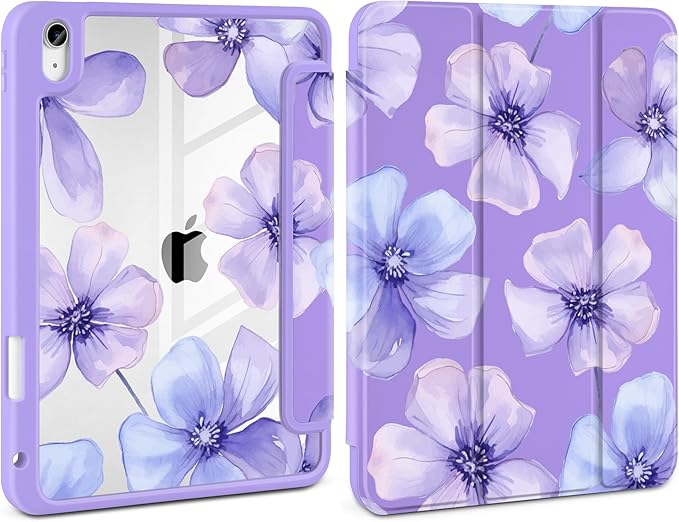 Case for iPad Air 11 inch M4 2026 M3 2025 M2 2024,iPad Air 5th (2022) / 4th (2020) 10.9 Inch Clear Back Shell Shockproof TPU Edge Trifold Stand Auto Wake Sleep Cute Cover, Blue Floral