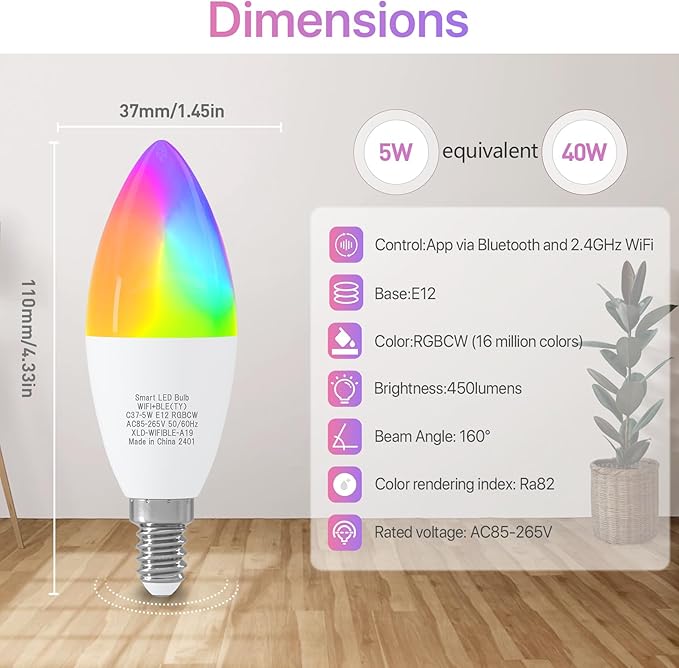 ORALUCE Smart Light Bulb Compatible with Alexa & Google Home, C37 E12 LED Light Bulb 40W Equivalent, 2.4GHz WiFi & Bluetooth Color Changing APP Dimmable, Multicolor LED Bulb 450 Lumens,2P