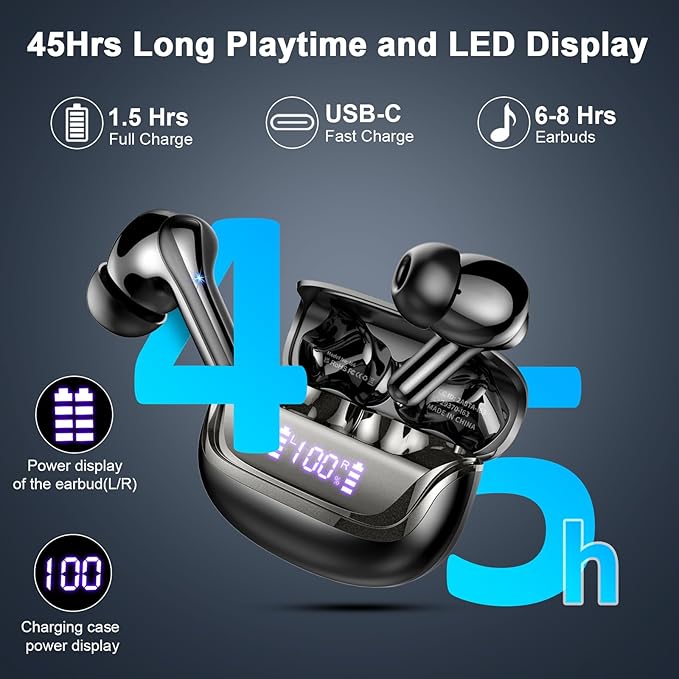Jxrev 2026 Wireless Earbuds, Bluetooth 5.4 Headphones with ENC Noise Canceling Mics, in-Ear Earphones Deep Bass Stereo, IP7 Waterproof Wireless Headphones for Android iOS