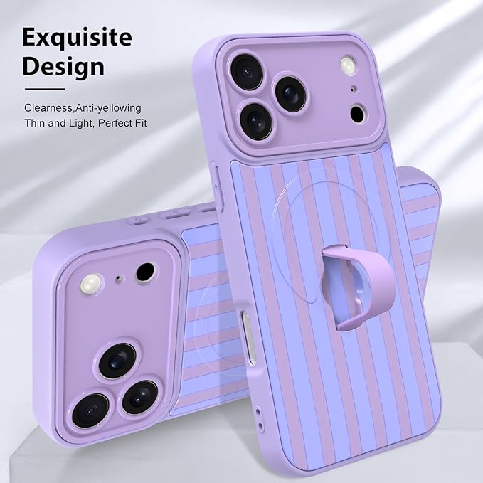 KANGHAR Compatible with iPhone 17 Pro Max Case, Support for MagSafe, Silicone Stripes Cute Pattern, Wristband Kickstand Camera Protection Soft Slim Cover for Girls Women -Purple