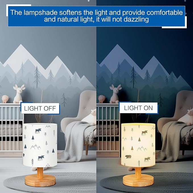 VIHOSE Forest Animals Bedside Table Lamp Vintage Nightstand Lamp with Linen Fabric Shade Solid Wood Base Decoration for Kids Living Room Bedroom Desk Dorm