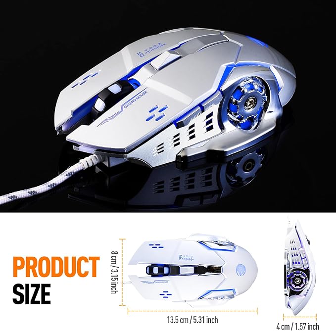 Guiheng Wired Gaming Mouse, Optical USB Mice for Laptop/Desktop, 1200 to 3600 and RGB Light, Ergonomic with 6 Programmable Buttons for Computer Windows 7/8/10/XP Vista Linux Chromebook PC (White)