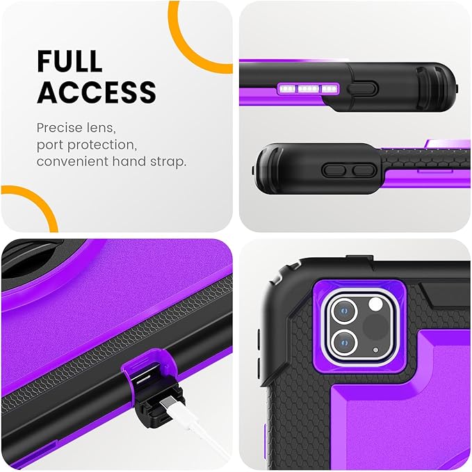 Timecity for iPad Pro 12.9 Case 6th/5th/4th/3rd Gen, 360° Rotating Stand, Pencil Holder & Wireless Charging, Shockproof with Screen Protector & Shoulder Strap - for Designers & Professionals - Purple
