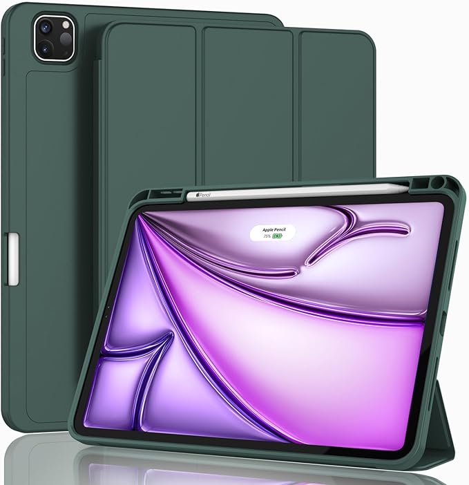 ZryXal New iPad Air 13 Inch Case M3 2025/M2 2024 with Pencil Holder, Trifold Stand Smart Case with Soft TPU Back,Auto Wake/Sleep(Midnight Green)