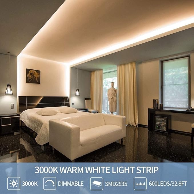 Led Strip Lights 32.8ft Warm White Dimmable Led Light Strip Flexible Rope Lights Kits with 12v Etl Power Supply, Adhesive Clips, Dimmer Switch and Connectors for Indoor Decor