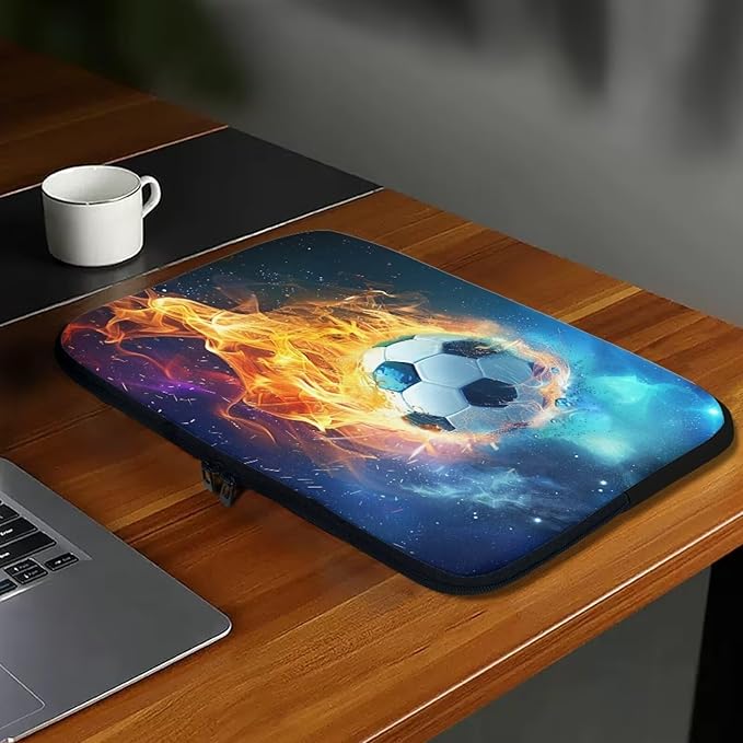 Water Flame Football Computer Sleeve for Men 12 InchLaptop Sleeve Neoprene Laptop Covers with Padded Compartment Lap Top Case Soccer Computer Carrying Bag