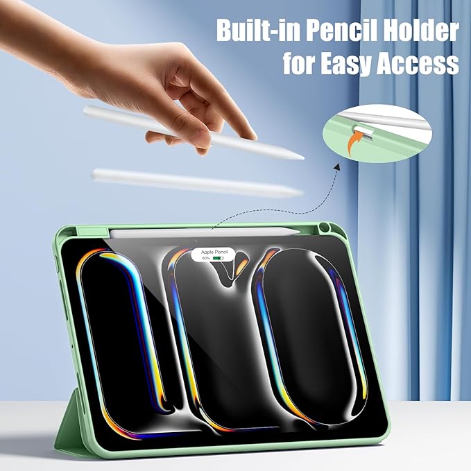 Kidopire New Compatible with iPad Pro 11 Inch Case (M4 2024/M5 2025) with Pencil Holder, Smart Cover with Protective Trifold Stand & Soft TPU Back, Auto Wake/Sleep, Support Pencil Pro, Grass Green