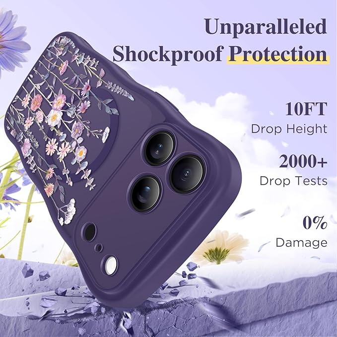 GVIEWIN for iPhone 17 Pro Max Case Compatible with MagSafe [Curly Wave Edge][Full Camera Protection] Floral Translucent Shockproof Magnetic Women Phone Case for 17 Pro Max, Floratopia/Deep Purple